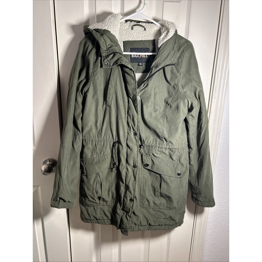 Big Chill Womens S Full Zip Winter Coat Hood, Sherpa Half Lined Pockets Green